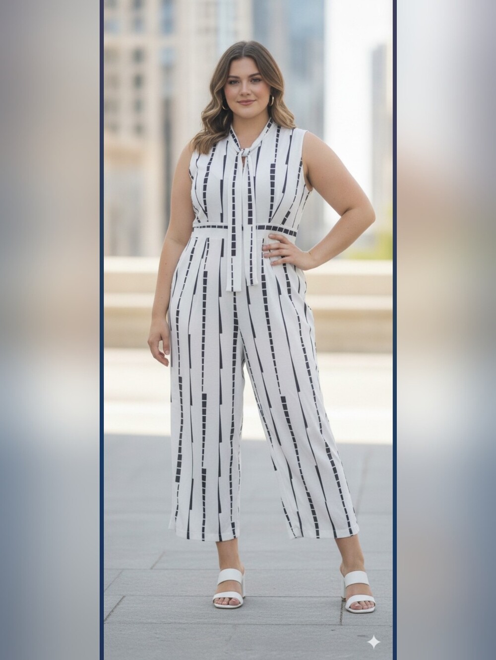 Sleeveless Tie-Neck Wide Leg Jumpsuit in White with Black Stripe
